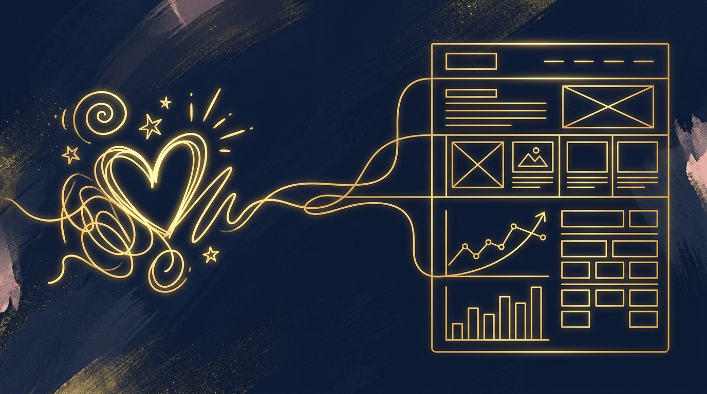 A gold heart scribble straightening into a website wireframe and charts